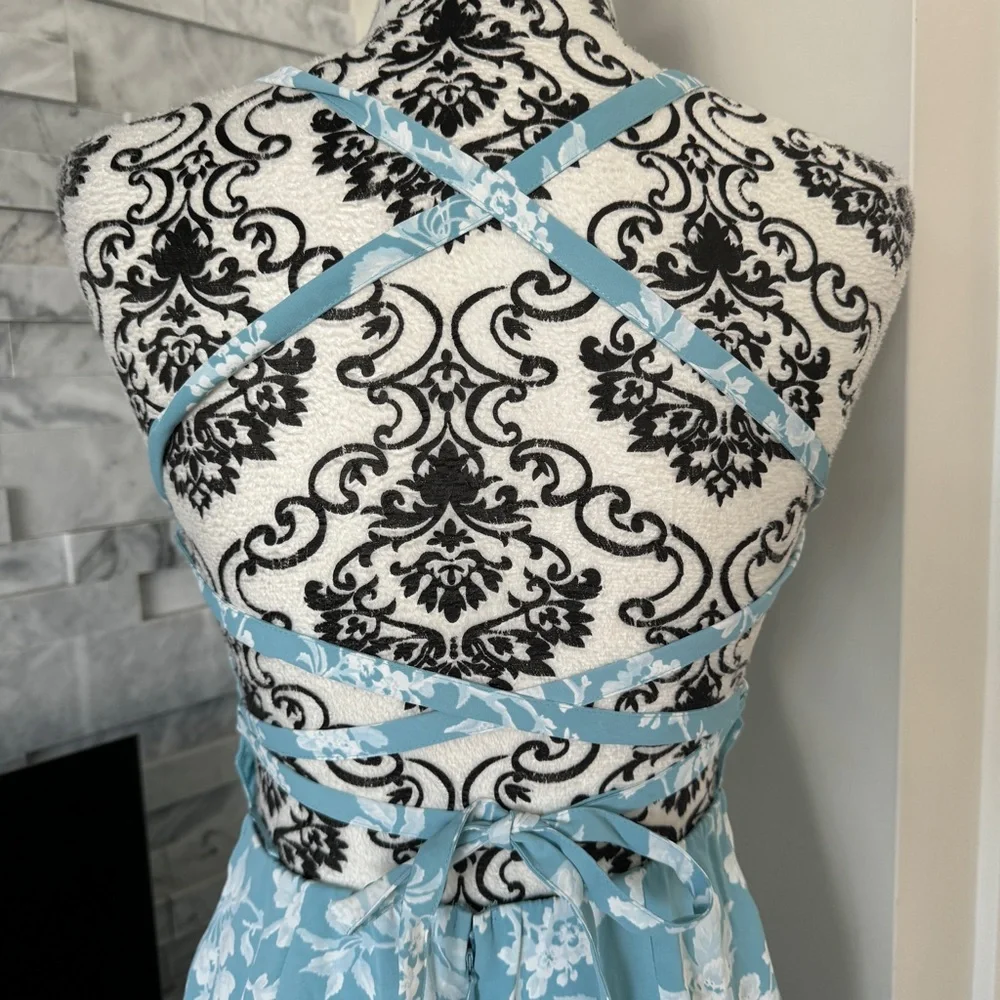 Abercrombie & Fitch Floral Midi Sundress Criss Cross Tie Back High Slit Blue XS - Picture 9 of 10